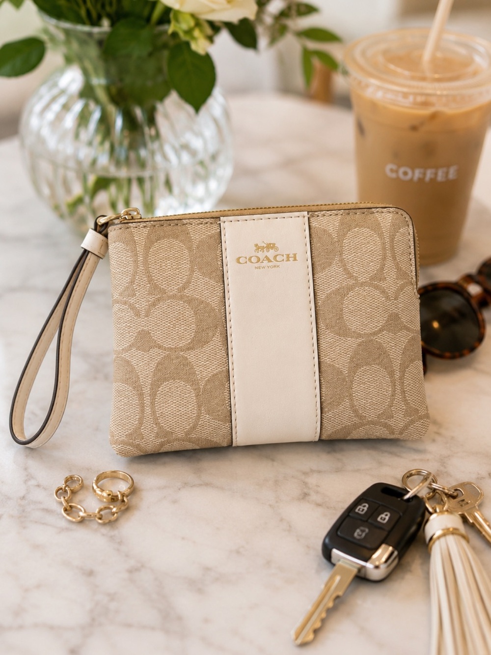 Coach Beige Signature Canvas Wristlet with Cream Stripe